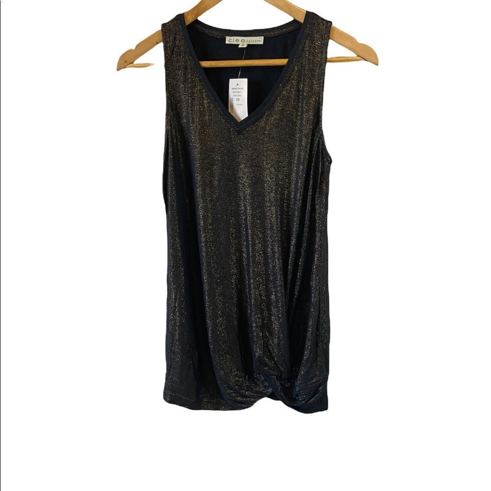 NWT CLEO Petite Black Gold Fleck VNeck Lightweight Sleeveless Gathered Top XS